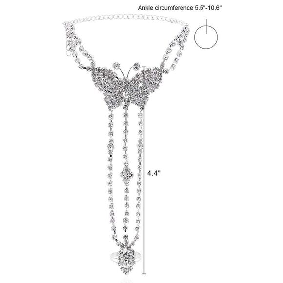 Silver and Diamond Austrian Crystal Butterfly Anklet Foot Chains - Set of 2 - Picture 6 of 6